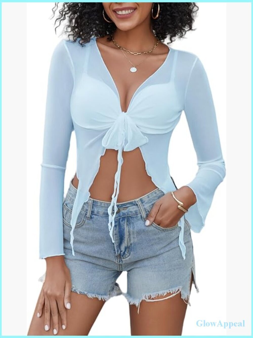 Mesh Crop Top Tie Front Long Sleeve V Neck Sheer Cardigan S-2XL